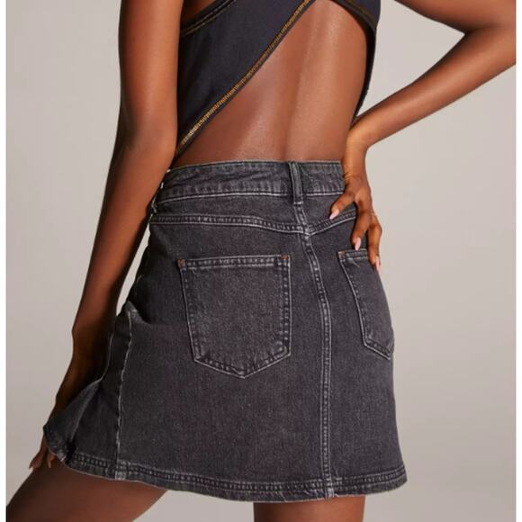 Pilcro Mini Skirt Black Womens Size 2 Side-Pleat Denim Stretch A-Line Zip Front - Picture 4 of 8